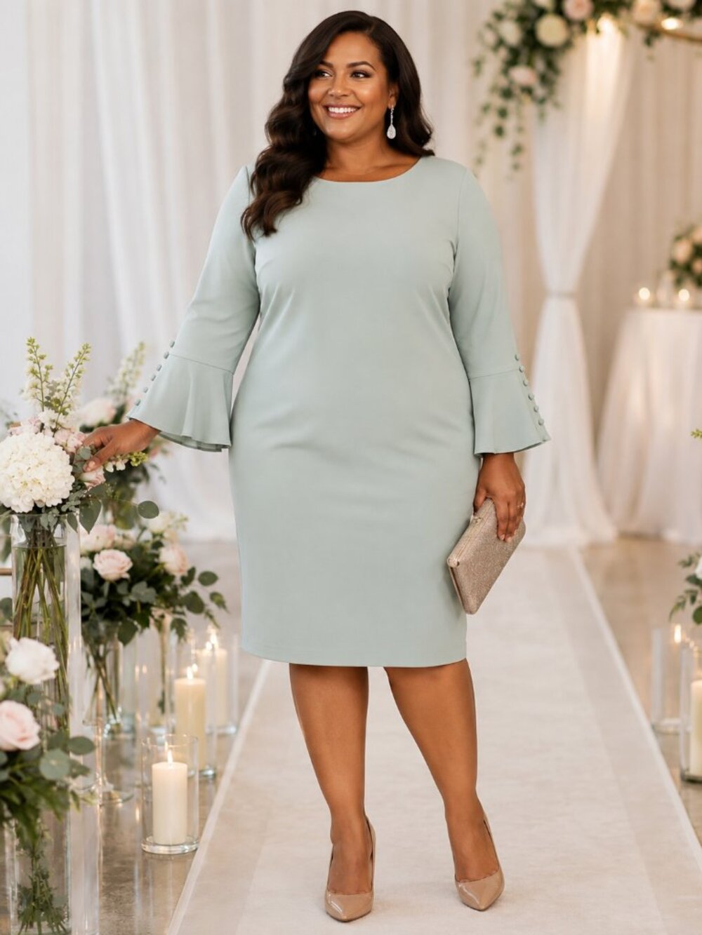 Calvin Klein Mint Midi Sheath Dress with Bell Sleeves